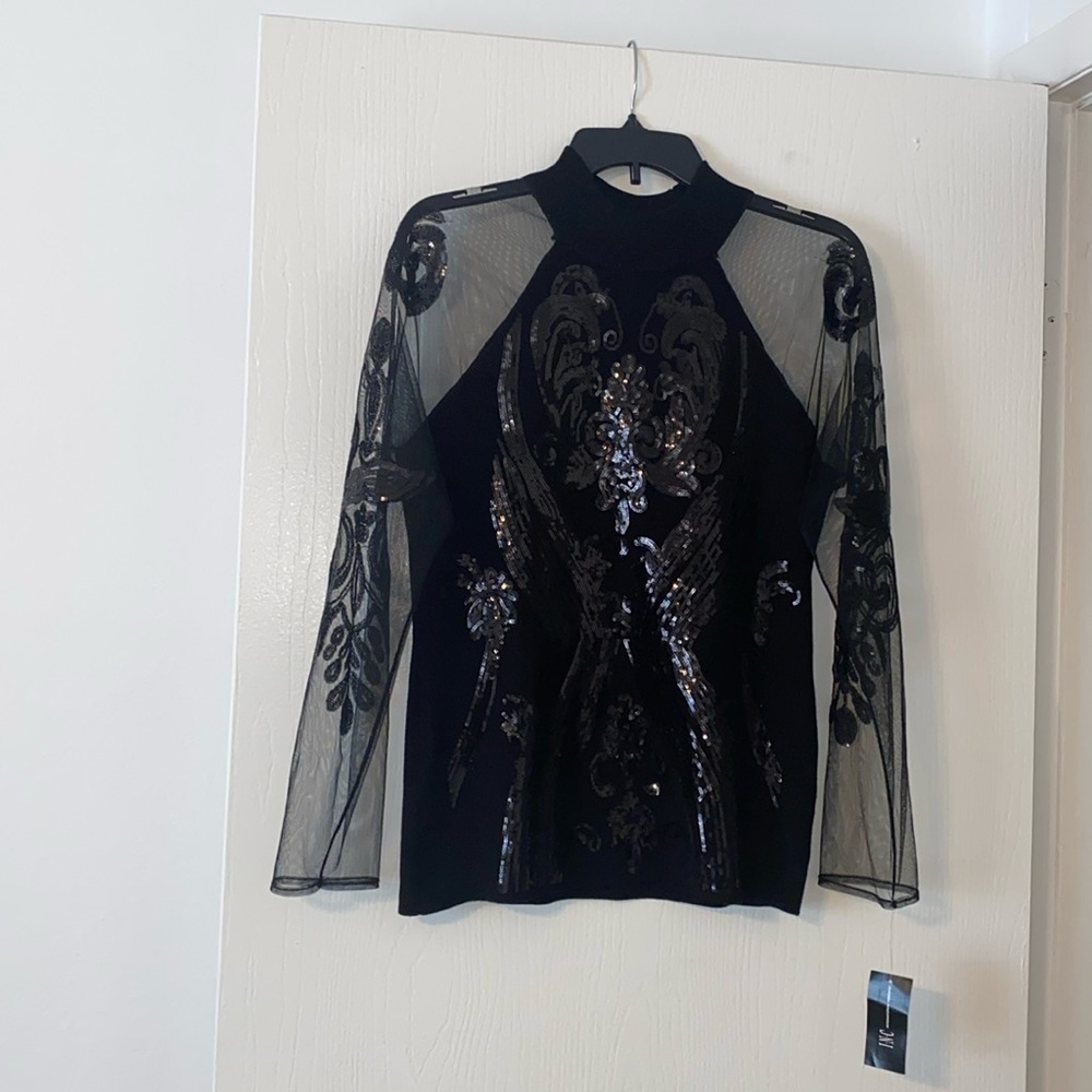 NEW! Beautiful INC Deep Black Sweater with Sheer Design on Sleeves